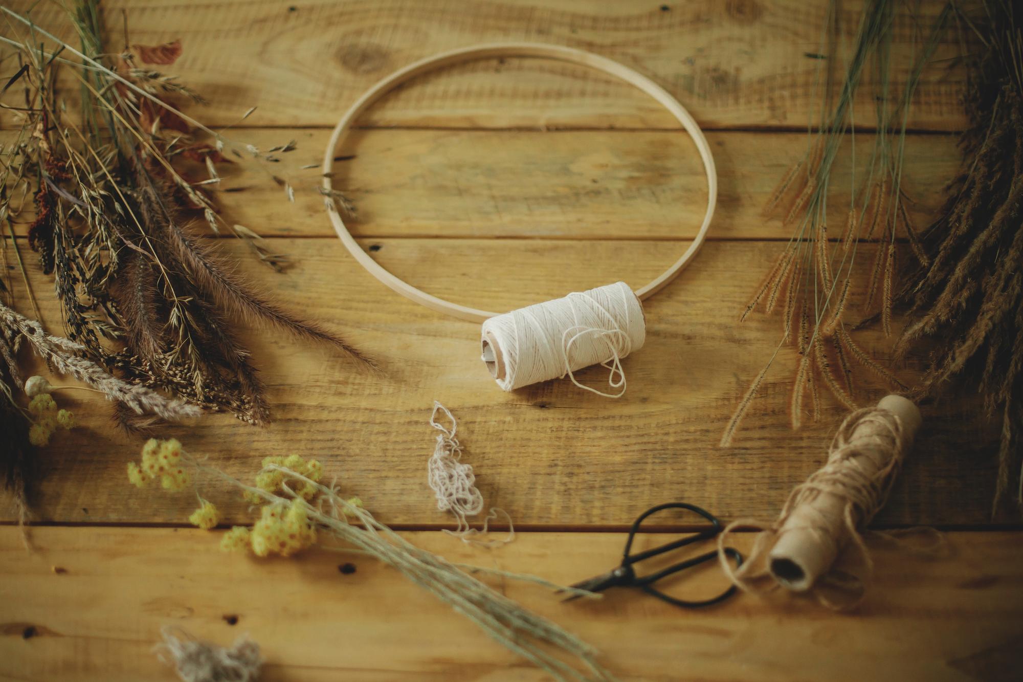 studio workbench with threads and hoops