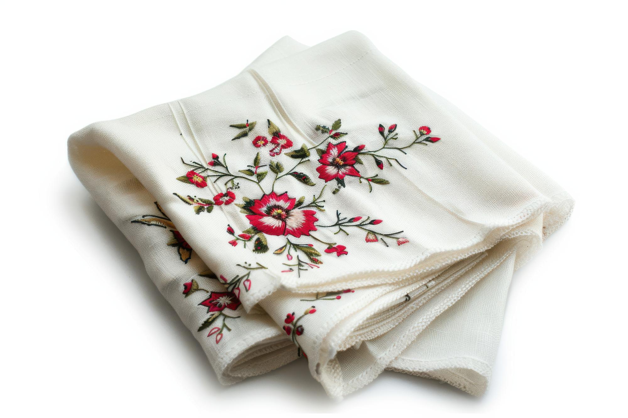 large embroidered table runner on wood table